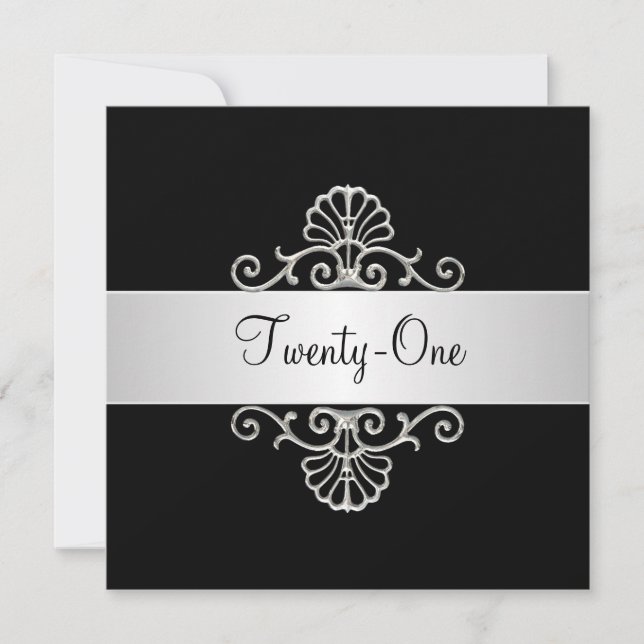 Schwarz-Weiß-Silber 21. Geburtstag Einladung (Vorderseite)