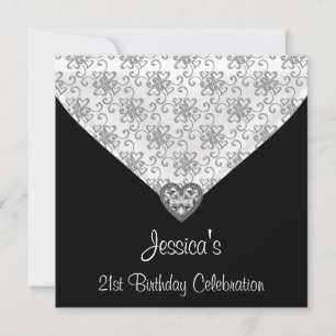 Schwarz Weiß Silber Herzen Schmuck 21. Geburtstag Einladung