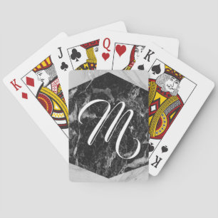 Schwarz Weiß & Silber Marmor Modern Glam Monogramm Spielkarten
