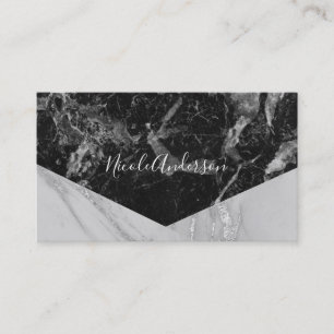 Schwarz Weiß & Silber Marmor Modern Glam Trendy Visitenkarte