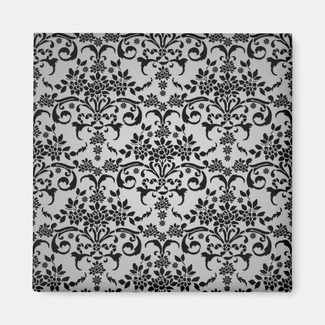 Schwarz-weiß-silbriges florales Damastmuster Magnet (Vorne)