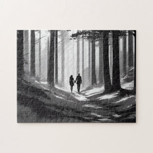 Schwarz-Weiß-Silhouette im Wald Puzzle
