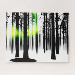 Schwarz-Weiß-Silhouette-Wald mit grünem Glanz Puzzle