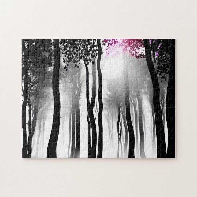 Schwarz-Weiß-Silhouette Wald und Tiny Lila Puzzle (Horizontal)