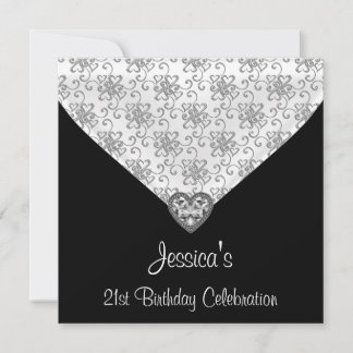 Schwarz-weiß Silver Hearts Jewel 21. Geburtstag Einladung