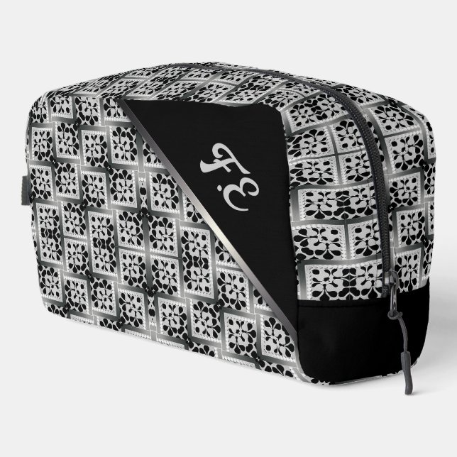 Schwarz-weiß + Silver Square Pattern Monogram Bags Waschbeutel (Rechte Ecke)