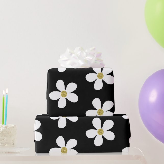Schwarz-weiß Simple Daisy Gold Geschenkpapier (Partygeschenke)