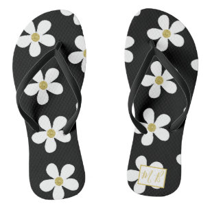 Schwarz-weiß Simple Daisy Gold Monogram Flip Flops