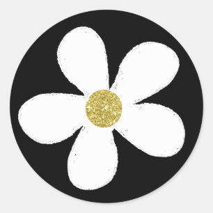 Schwarz-weiß Simple Daisy Gold Runder Aufkleber