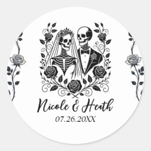 Schwarz Weiß Skelett Blumenrose Rebe Hochzeit Runder Aufkleber