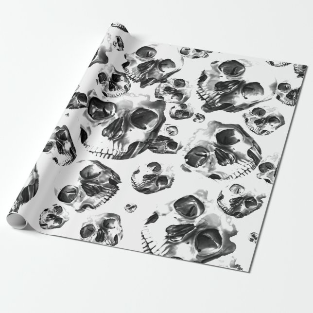 Schwarz-Weiß-Skelett Skelett Skull Art Muster Geschenkpapier (Ungerollt)