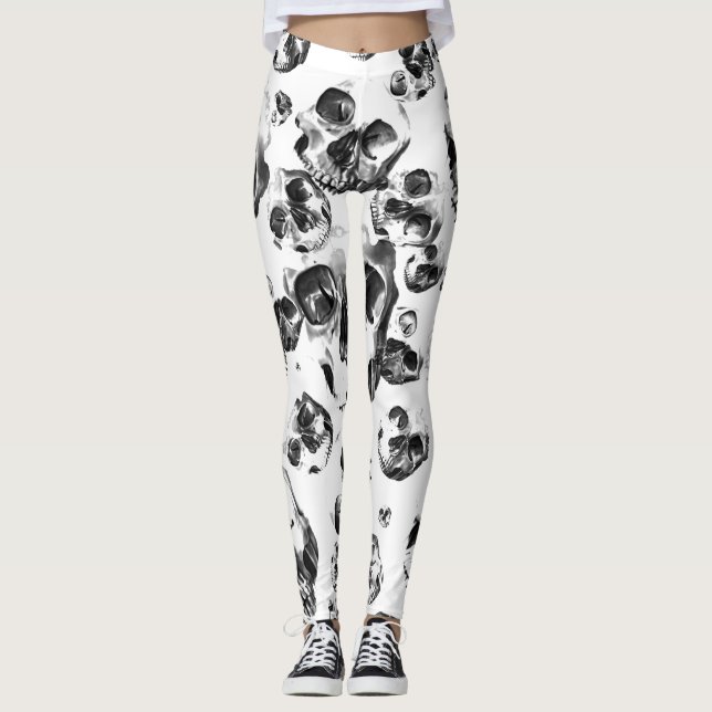 Schwarz-Weiß-Skelett Skelett Skull Art Muster Leggings (Vorderseite)