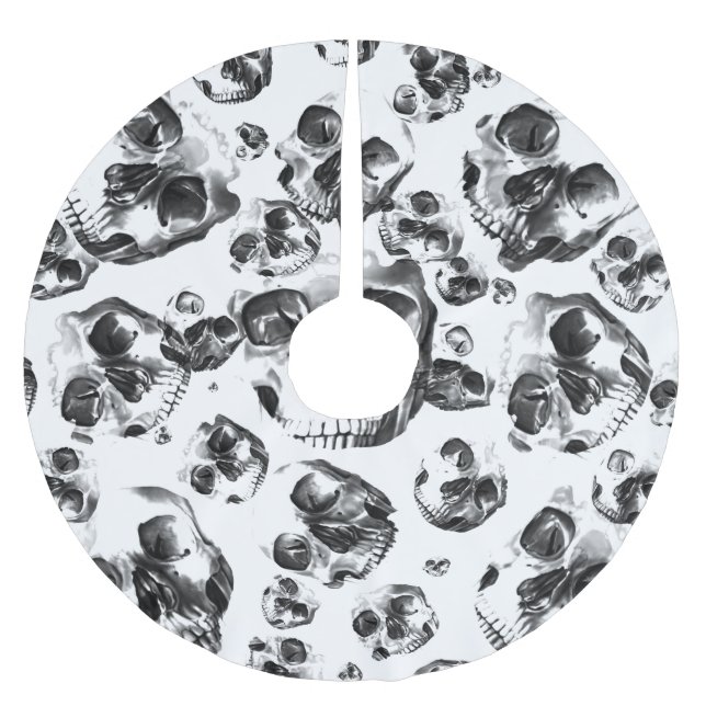 Schwarz-Weiß-Skelett Skelett Skull Art Muster Polyester Weihnachtsbaumdecke (Vorderseite)