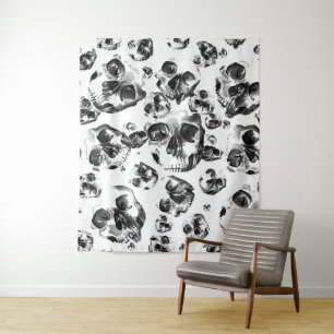 Schwarz-Weiß-Skelett Skelett Skull Art Muster Wandteppich
