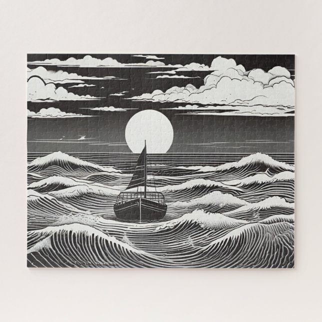 Schwarz-Weiß-Sketch einsames Boot auf See Puzzle (Horizontal)