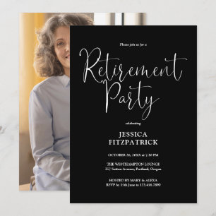Schwarz-Weiß-Skript-Foto-Ruhestandsfeier Einladung