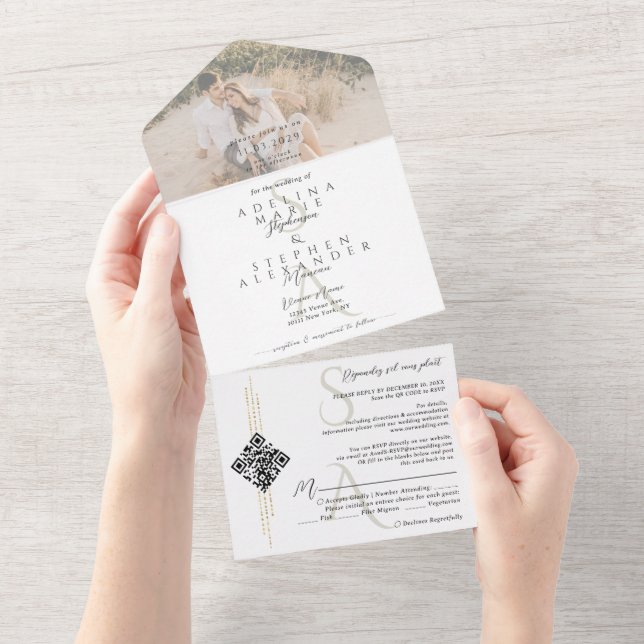 Schwarz-Weiß-Skript Zeitgenössische Monogramm-Hoch All In One Einladung (Abreißen)