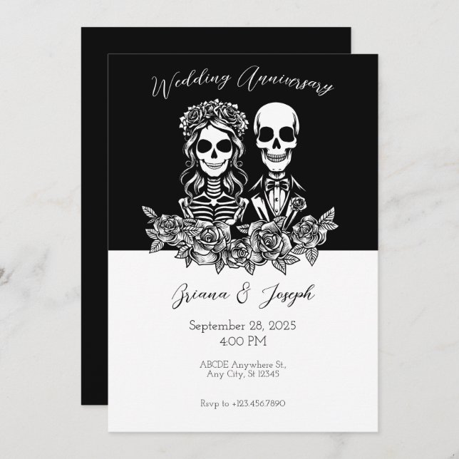 Schwarz-Weiß-Skull-Paar Hochzeitstag Einladung (Vorne/Hinten)