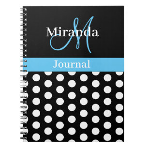 Schwarz-weiß Sky Blue Monogram Script Polka Dots Notizblock
