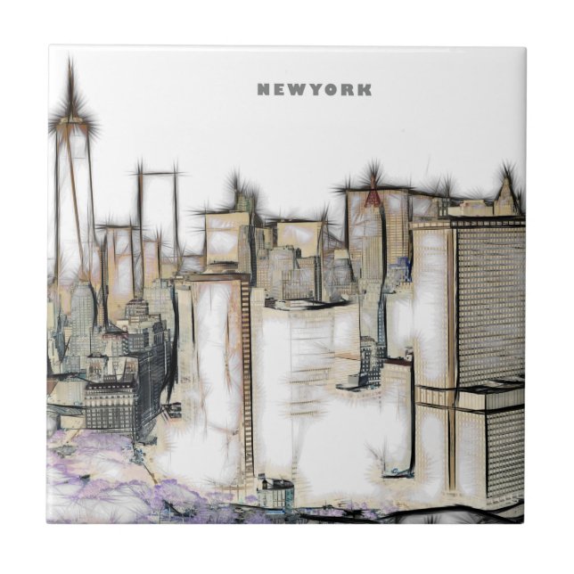 Schwarz-Weiß-Skyline New York City Zeichnend Fliese (Vorderseite)