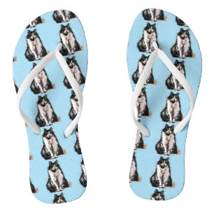 Schwarz-Weiß-Smokingkatze Katzen Süß Blau Flip Flops