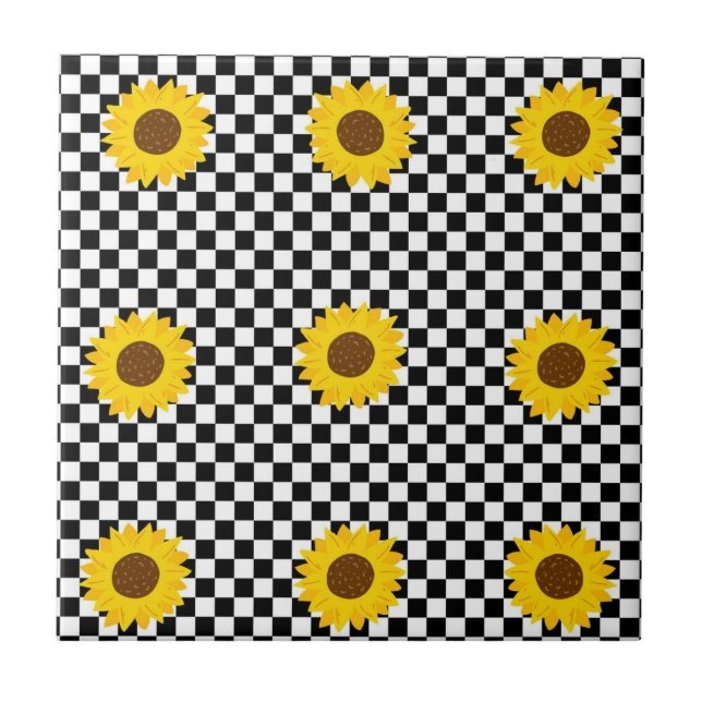 Schwarz-Weiß-Sonnenblumen Gestell der karierten Bl Fliese (Vorderseite)