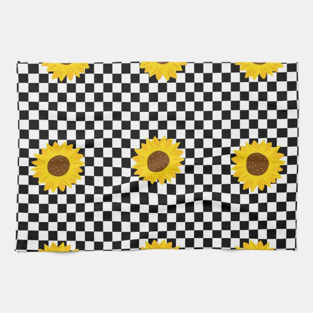 Schwarz-Weiß-Sonnenblumen Gestell der karierten Bl Geschirrtuch (Horizontal)