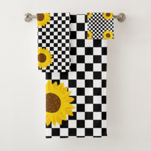 Schwarz-Weiß-Sonnenblumen-Karo-Blumenmuster Badhandtuch Set