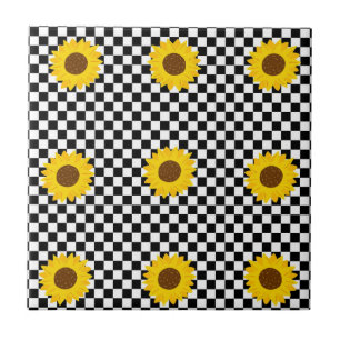 Schwarz-Weiß-Sonnenblumen-Karo-Blumenmuster Fliese