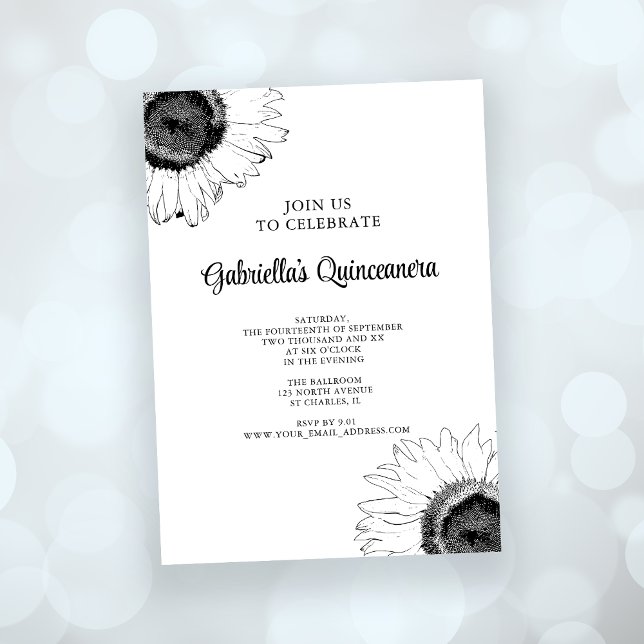 Schwarz-Weiß-Sonnenblumen-Quinceanera Einladung (Von Creator hochgeladen)