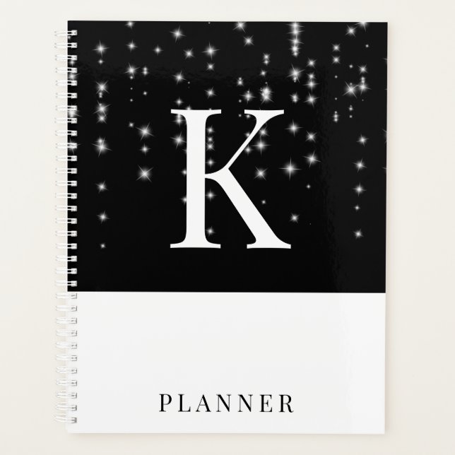 Schwarz-Weiß-Sparkle Moderne Glam-Monogramm Planer (Vorderseite)