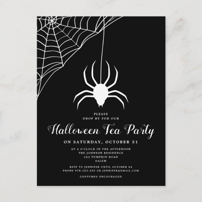 Schwarz-weiß Spider Halloween Tea Party Einladung Postkarte (Vorderseite)