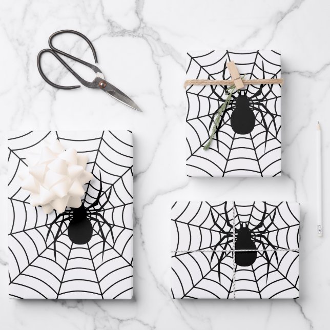 Schwarz-Weiß-Spinne auf WebHalloween-Muster Geschenkpapier Set (Vorderseite)