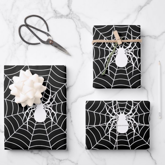 Schwarz-Weiß-Spinne auf WebHalloween-Muster Geschenkpapier Set (Vorderseite)