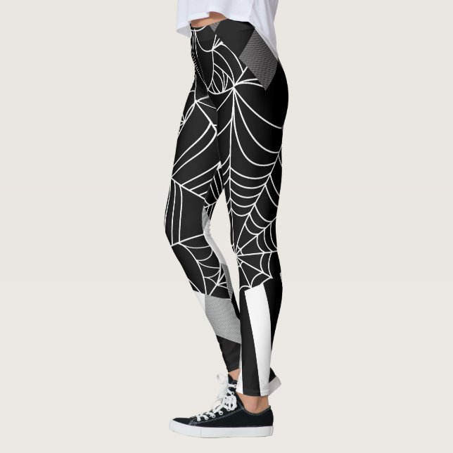 Schwarz-Weiß-Spinnennetz-Patchwork Halloween Leggings (Links)