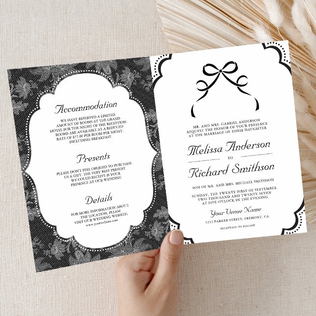Schwarz-Weiß-Spitzen-Coquette-Bow QR-Code-Hochzeit Einladung (Von Creator hochgeladen)