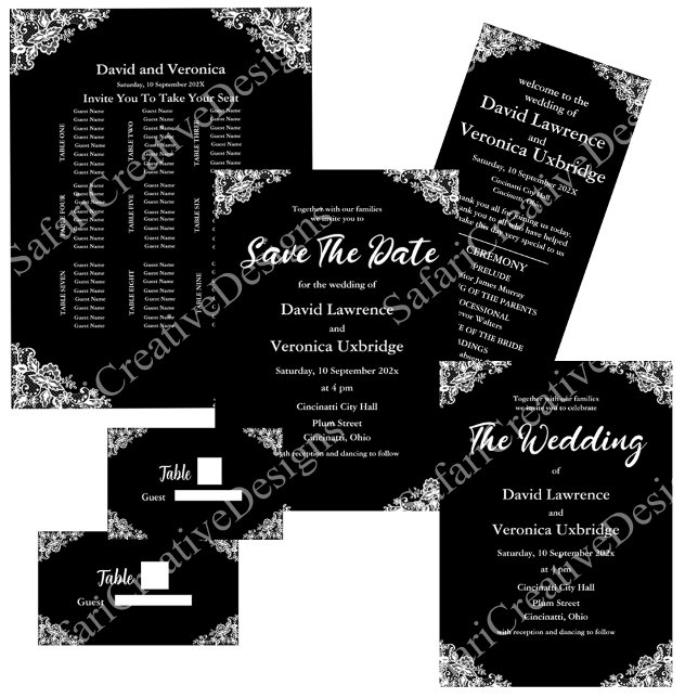 Schwarz-Weiß-Spitzen Save the Date Einladung (White on black lace wedding collection. Customizable collection of wedding invitations etc.)