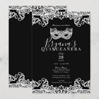 Schwarz & Weiß Spitzenmasquerade 15. Quinceañera Einladung