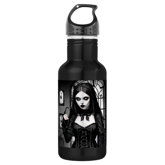 Schwarz-Weiß-Spooky-Girl Edelstahlflasche (Vorderseite)