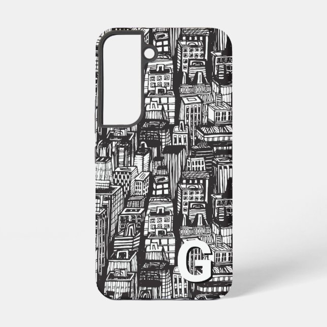 Schwarz-Weiß-Stadt, Wolkenkratzer, Monogramm Samsung Galaxy Hülle (Rückseite)