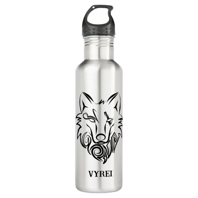 Schwarz-Weiß-Stammes-Wolf Edelstahlflasche (Vorderseite)