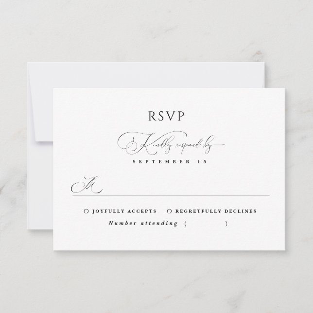 Schwarz-Weiß Stilvolle Minimal Calligrafy Wedding RSVP Karte (Vorderseite)