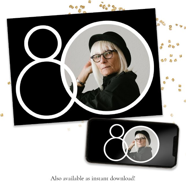 Schwarz-weiß Stilvolles Minimalistisches Foto 80.  Einladung (Black White 80th Birthday Stylish Minimalist Photo Invitation)