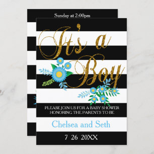 Schwarz-Weiß-Streifen   Blauer Blumen   Babydusche Einladung