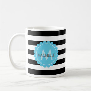 Schwarz, Weiß, Streifen Blue Blume Monogramm Name. Kaffeetasse