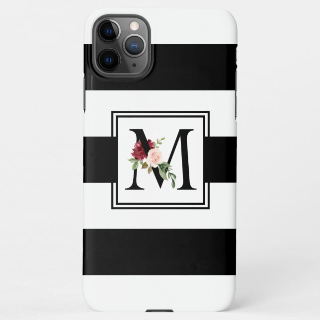 Schwarz-Weiß-Streifen Floral Monogramm iPhone Hülle (Rückseite)