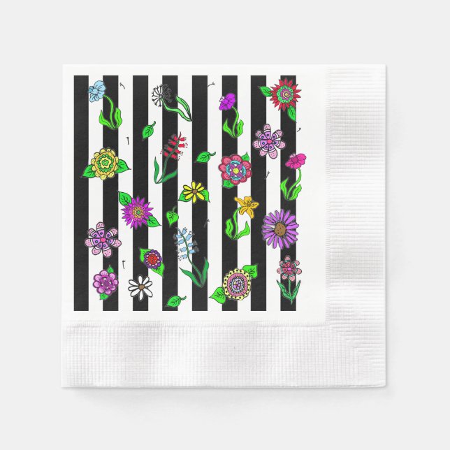 Schwarz-Weiß-Streifen floral whimsical Serviette (Vorderseite)
