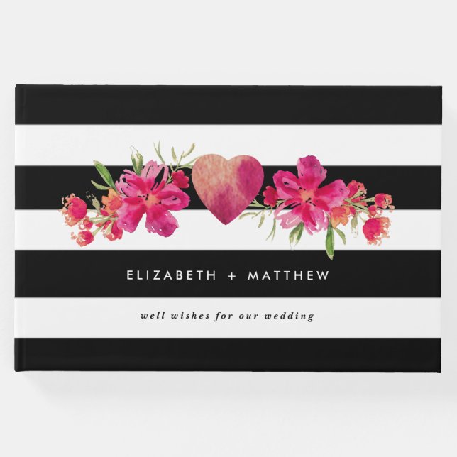 Schwarz-Weiß Streifen Fuchsia Blumenzehen Gästebuch (Vorderseite)