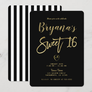 Schwarz-Weiß Streifen Gold Chic Moderne Sweet 16 Einladung