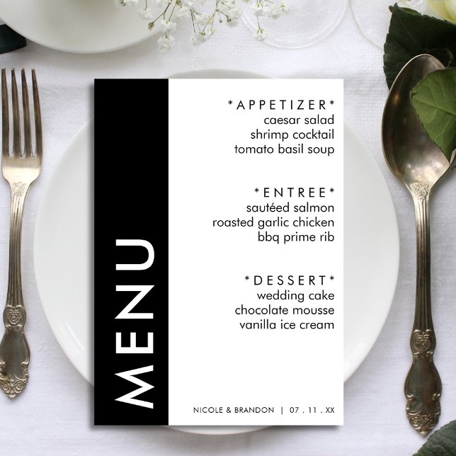 Schwarz-Weiß-Streifen Hochzeitsempfang Menükarte (Black & White Side Stripe Wedding Reception Menu)